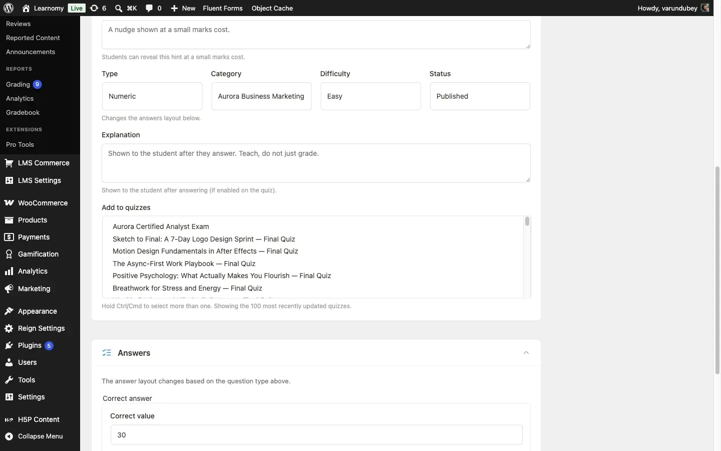 Question editor showing Type set to Numeric, with Correct value and Accepted tolerance answer fields