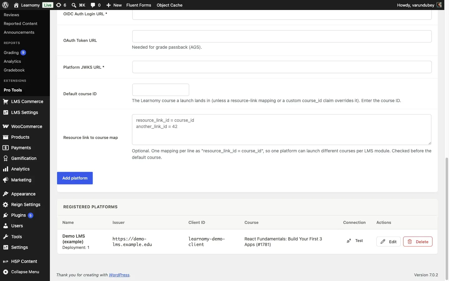 Registered Platforms table showing the Demo LMS (example) platform, its issuer, client ID, and mapped course