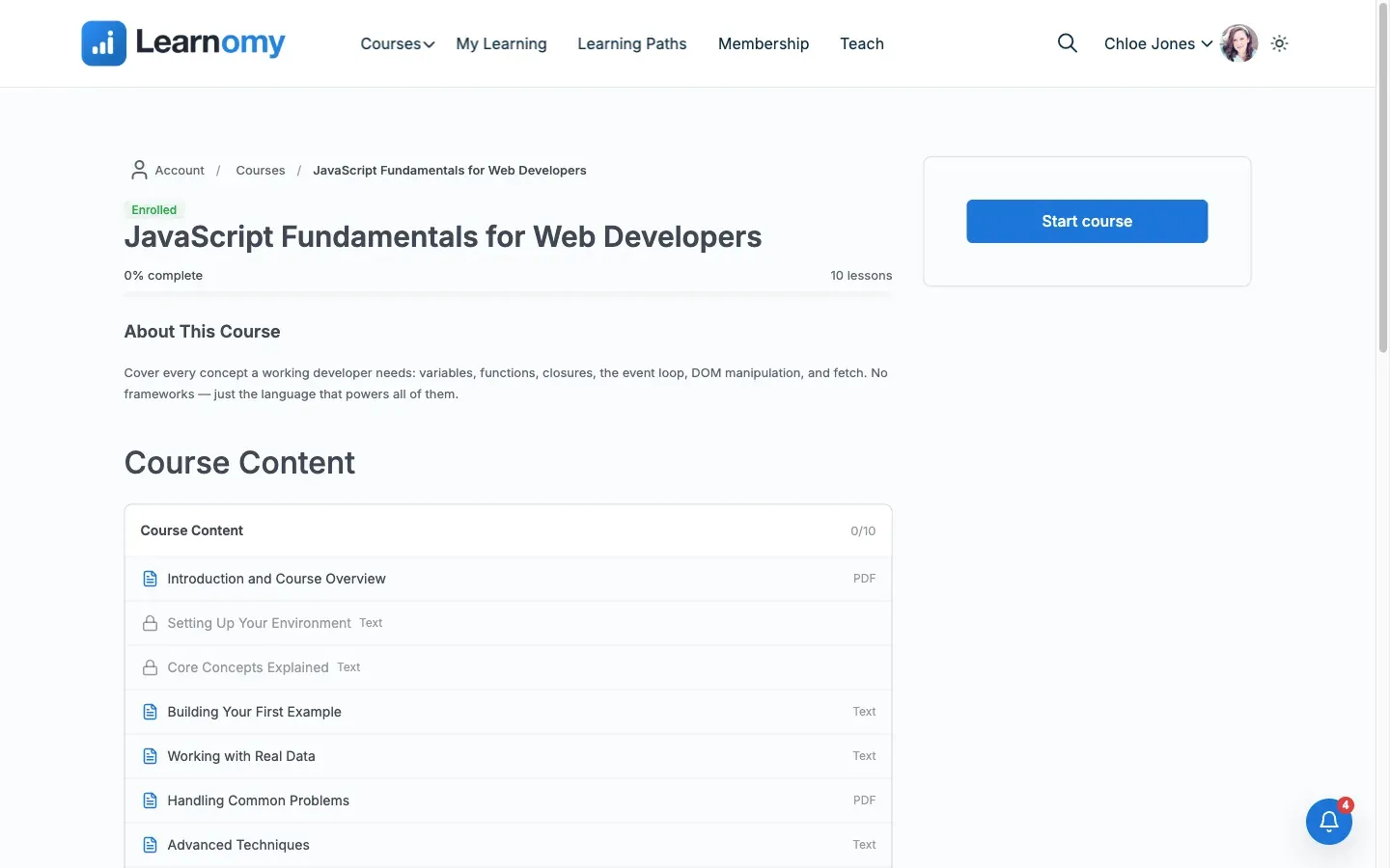 JavaScript Fundamentals course page after the gift-coupon order completed