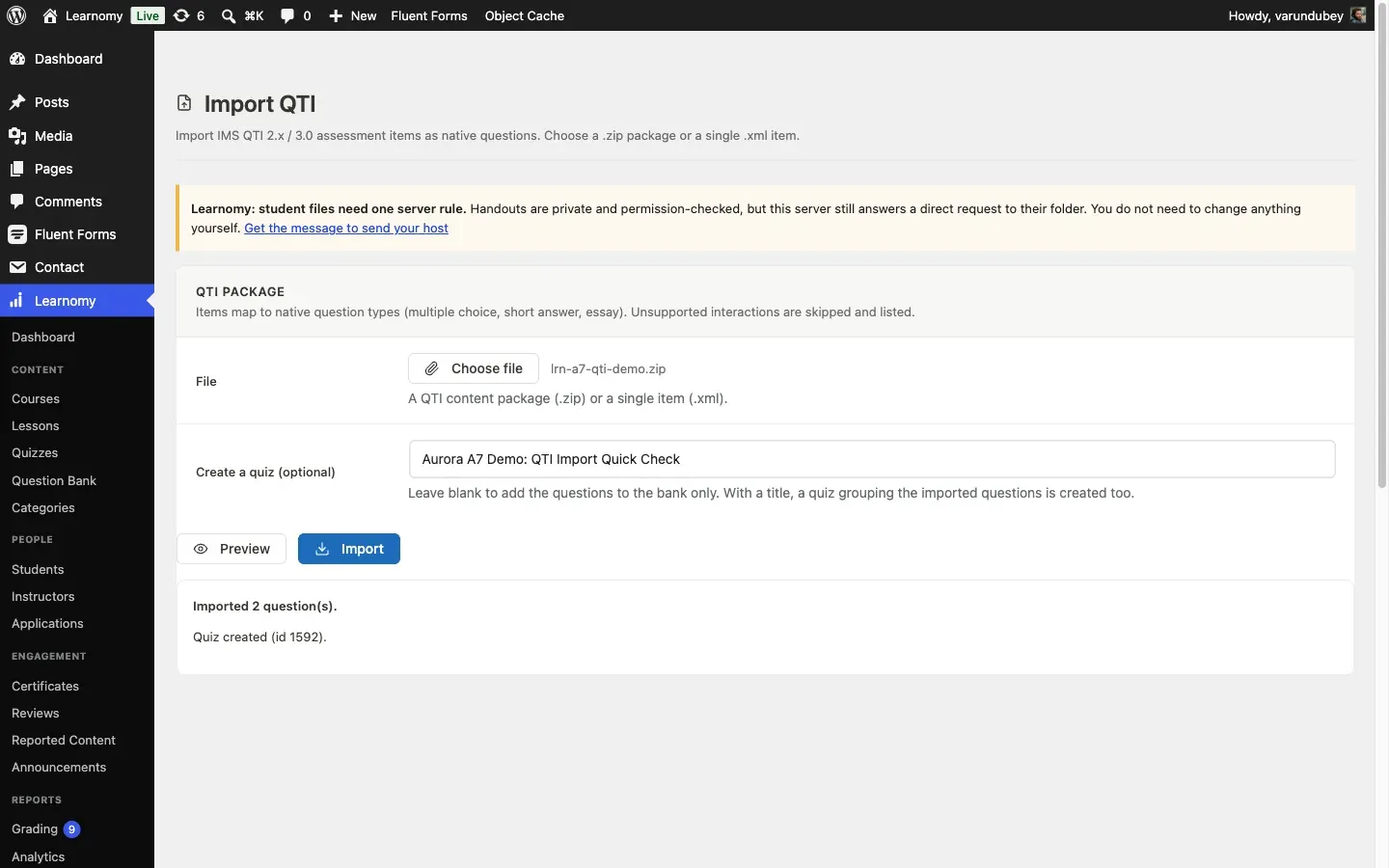 Import QTI screen after Import, reporting 2 questions imported and a quiz created
