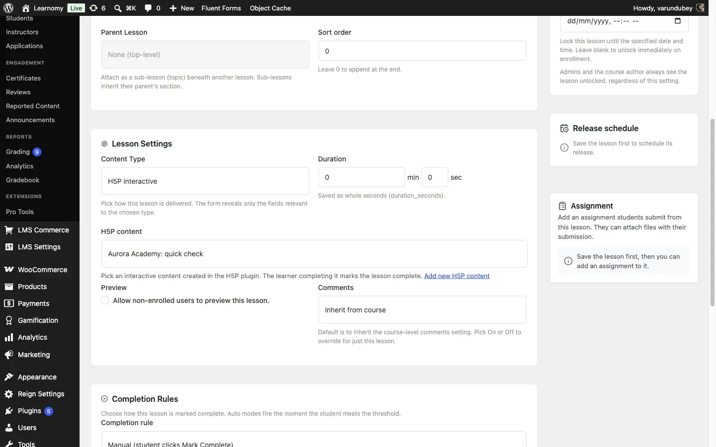 Lesson editor H5P content picker, with Aurora Academy: quick check selected as the H5P content