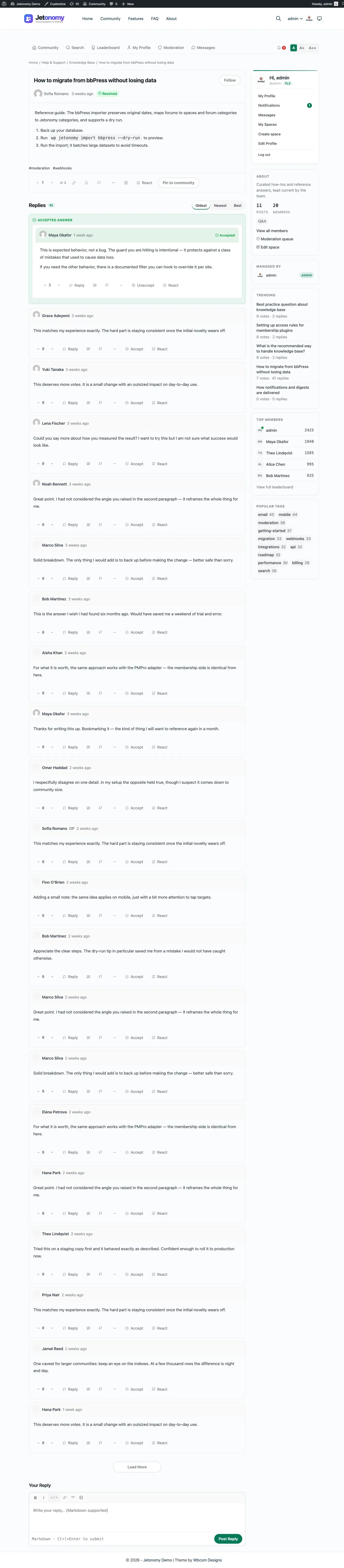Jetonomy Q&A space showing an accepted-answer callout - a feature wpForo’s basic question/answer mode does not offer