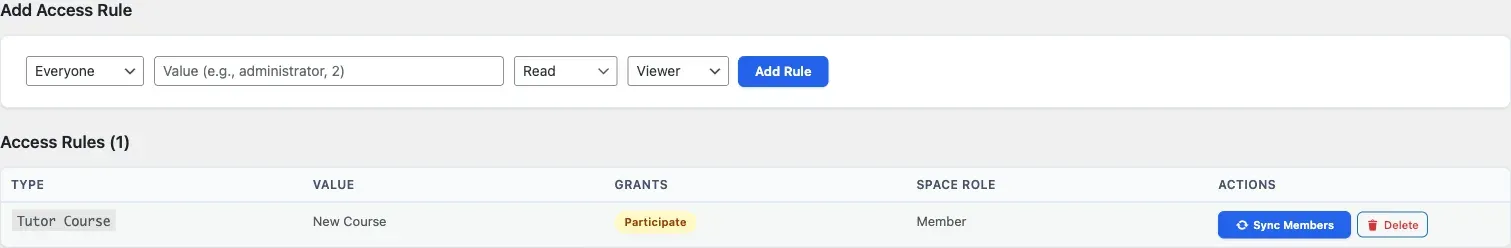 Jetonomy Access Rules tab showing a saved membership rule with its Type, Value and Access level columns