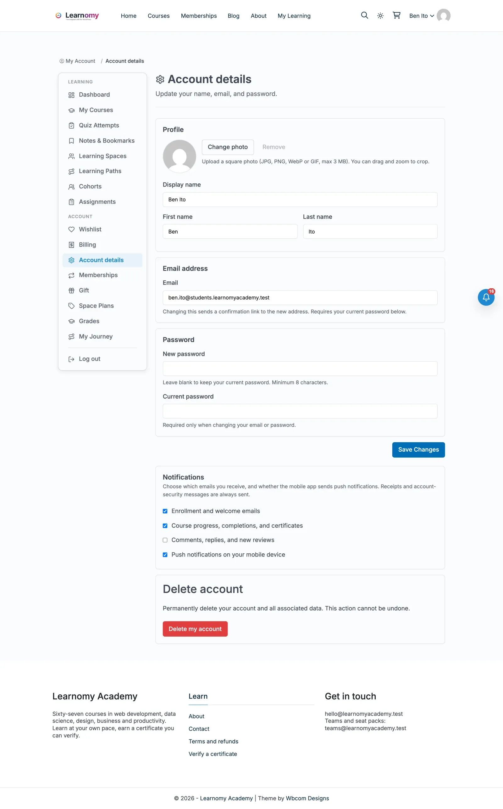 A custom field on the account details page