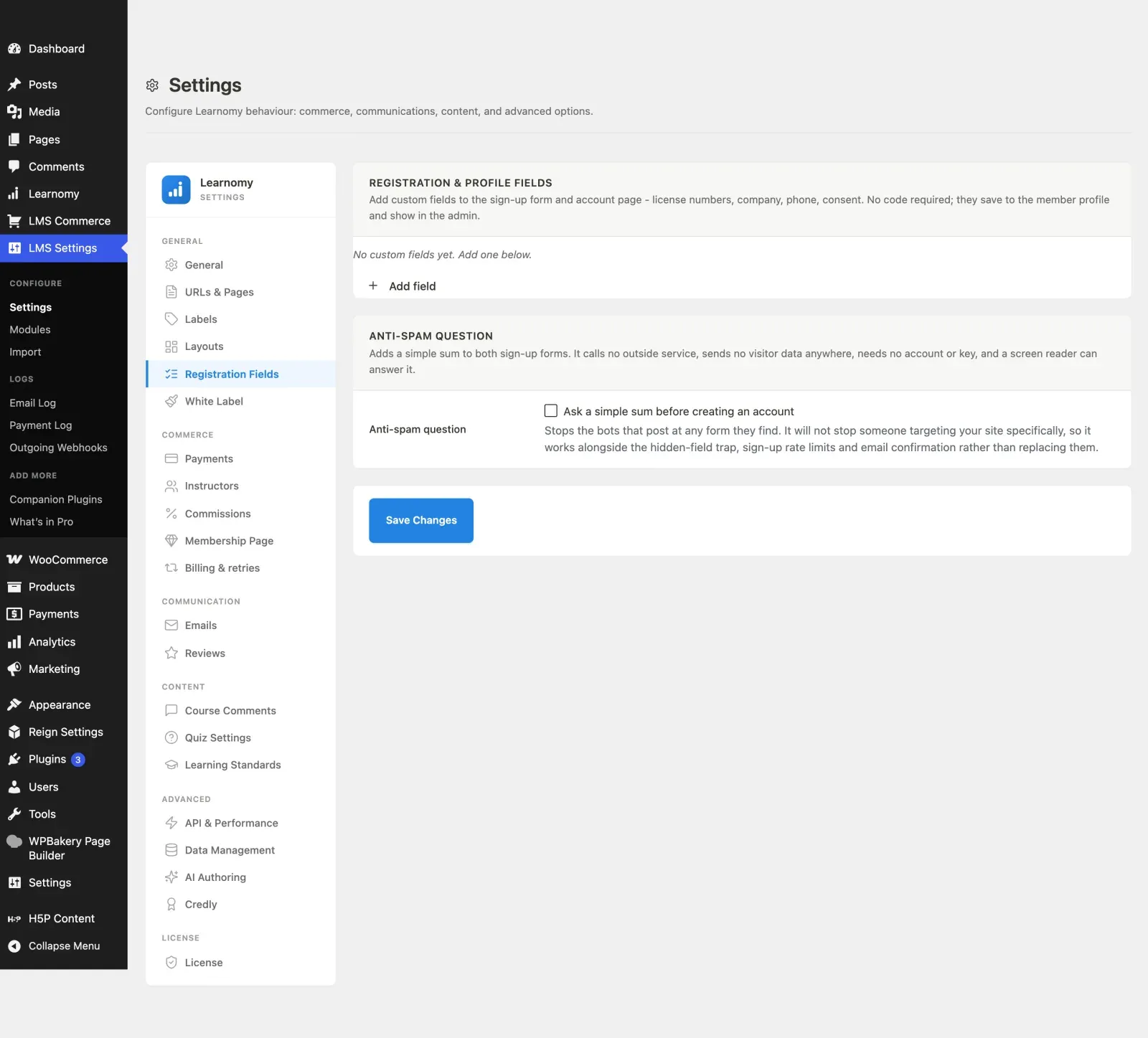 Registration Fields section in Settings