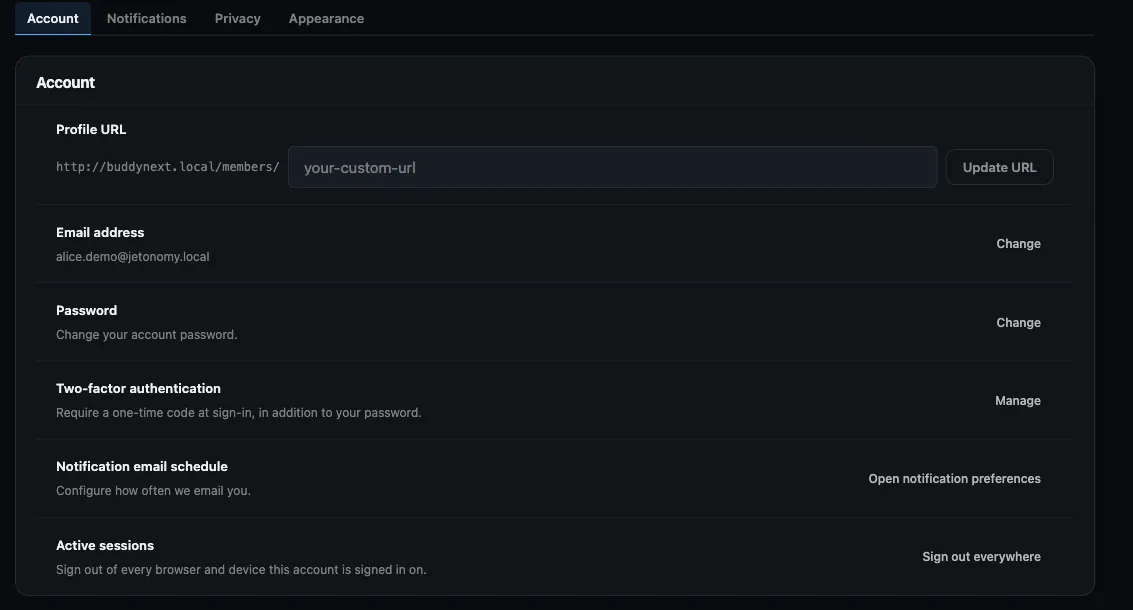 The account security panel - Handle, change email, change password, two-factor authentication, and sign out everywhere
