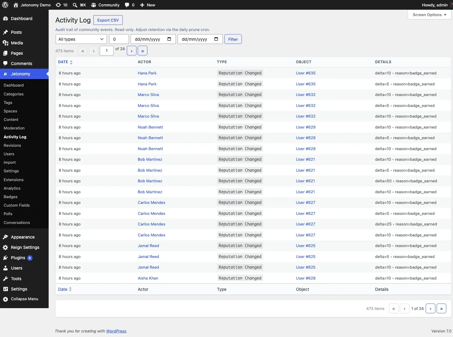 Activity Log admin page showing a filtered list of community events with user, type, and date-range filters