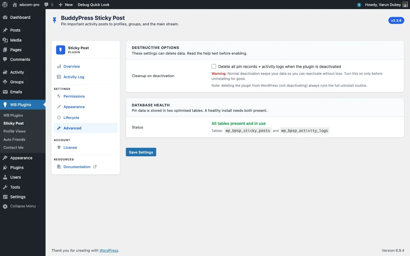 Advanced tab with destructive options and database health