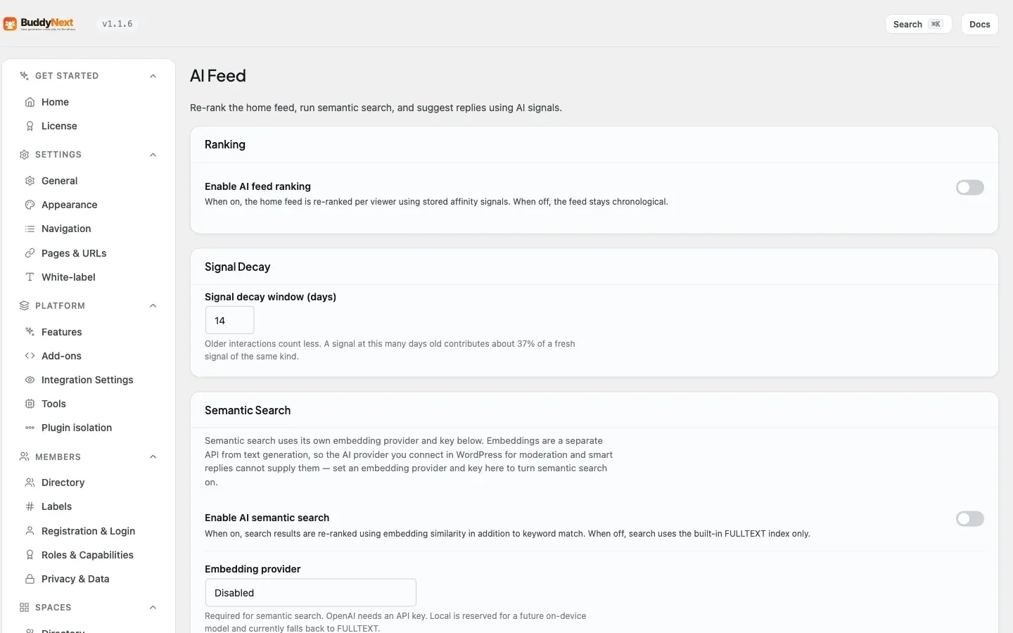 The AI Feed admin tab