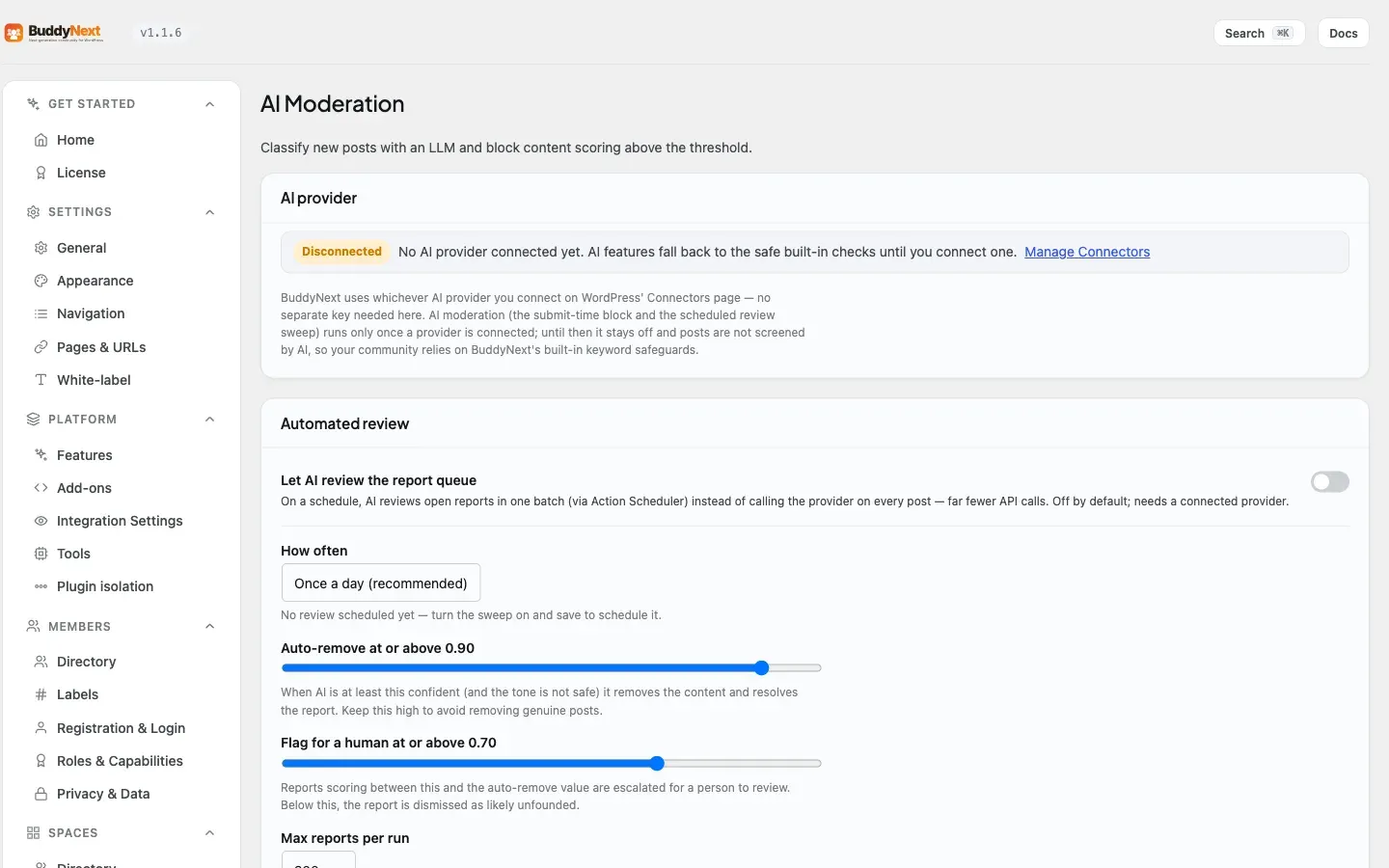The AI Moderation admin tab