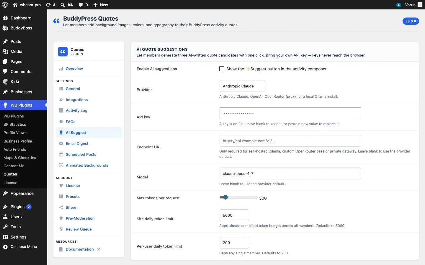 The AI settings tab showing the provider selector, API key field, and daily cap inputs.