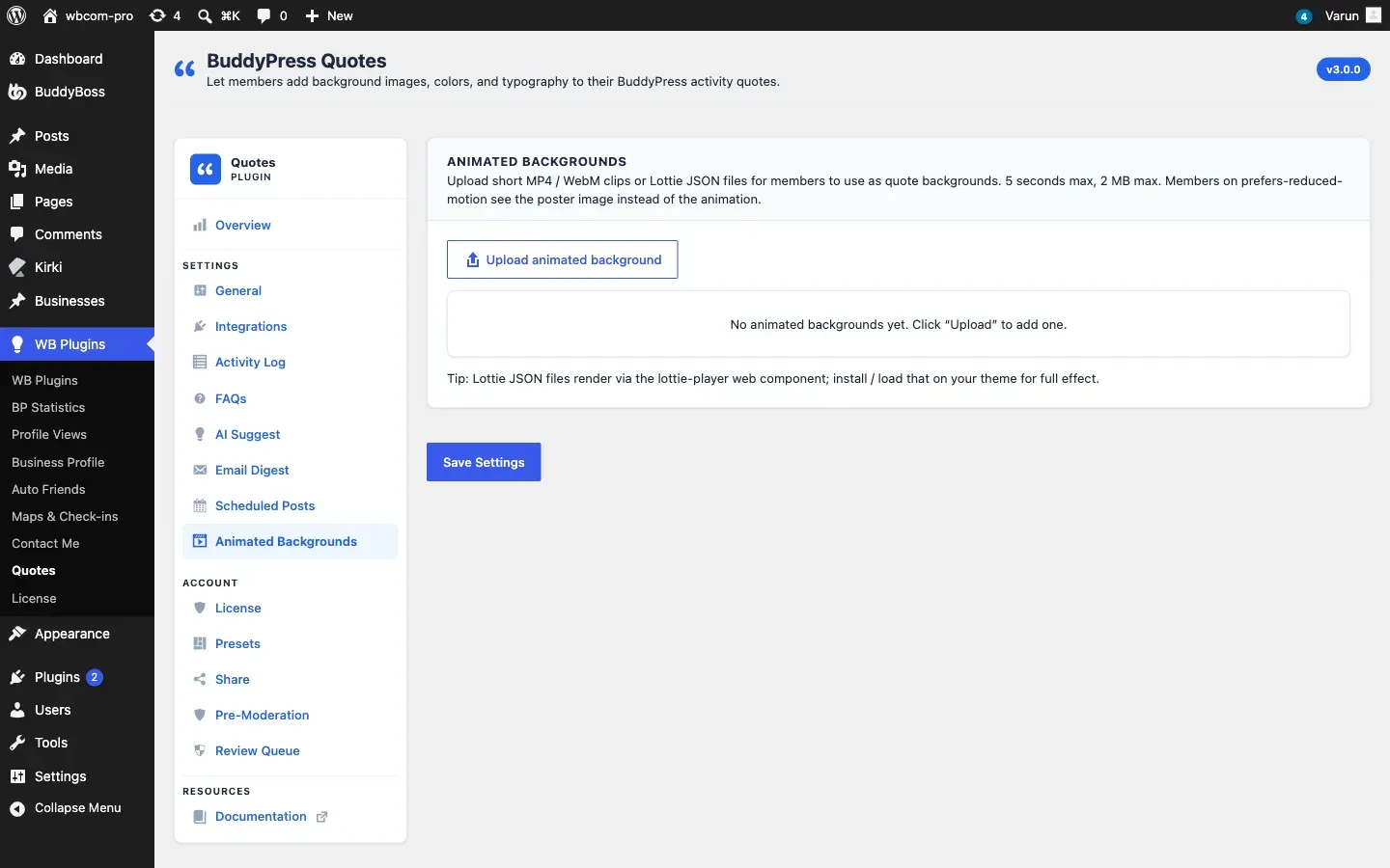 The Animated settings tab showing file-upload cards for MP4/WebM and Lottie backgrounds.