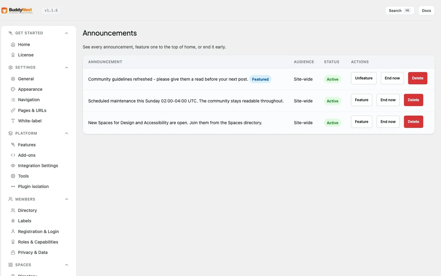 Engagement - Announcements admin tab, where each announcement is created, featured to the top of the feed, or ended