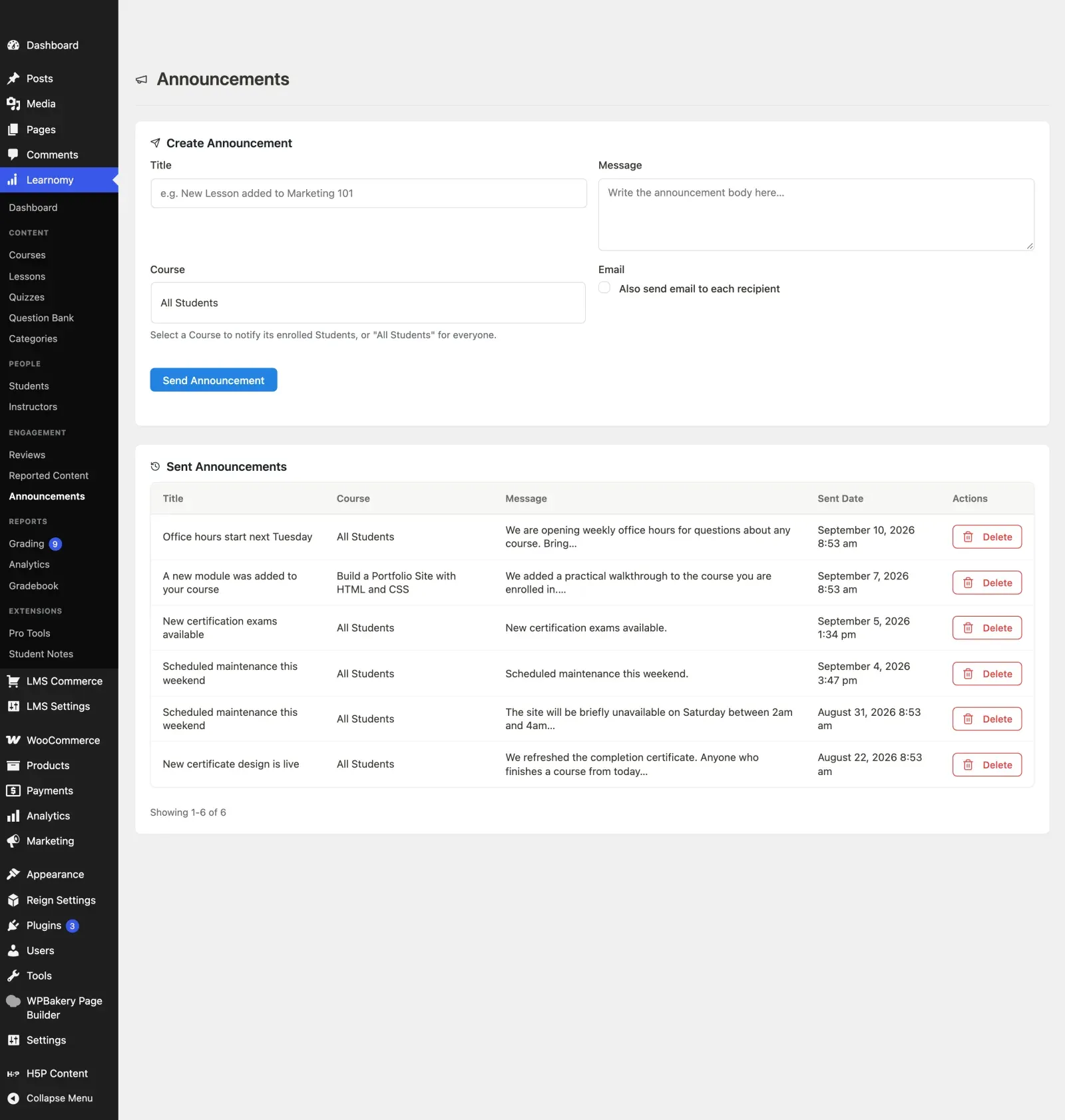Announcements page