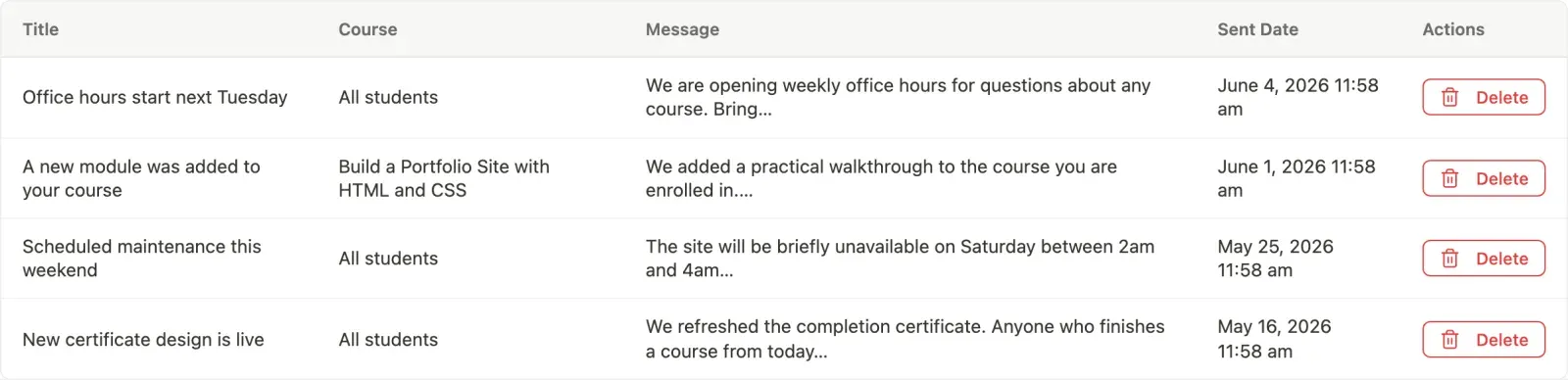 Sent announcements list