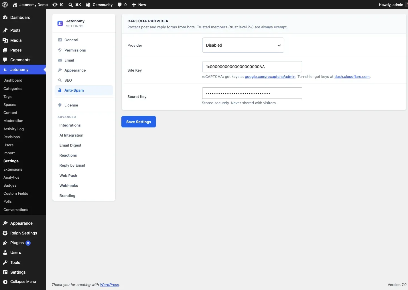 Anti-spam settings with provider selection, API keys, and score threshold