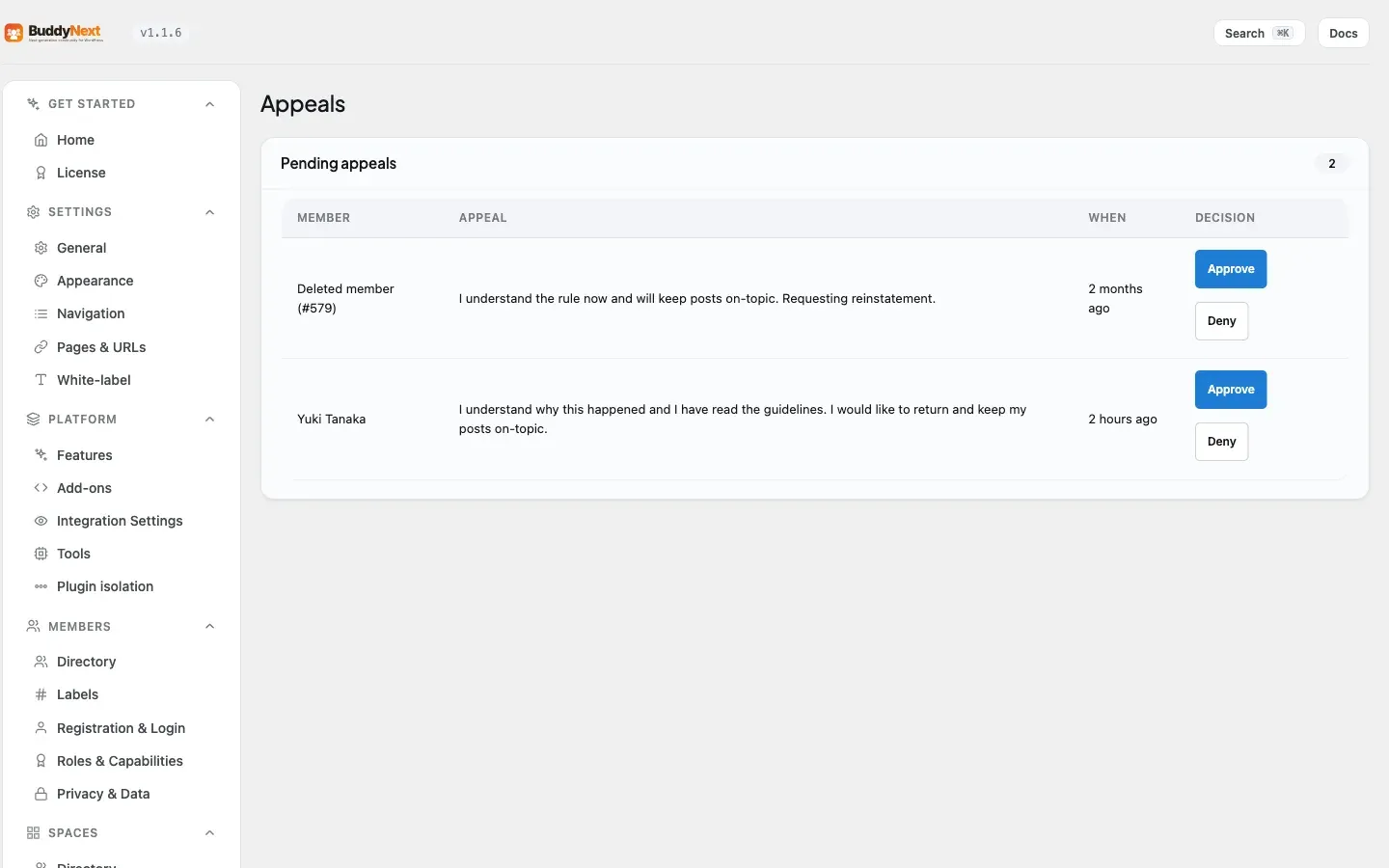 The Moderation > Appeals tab where member appeals are reviewed and resolved
