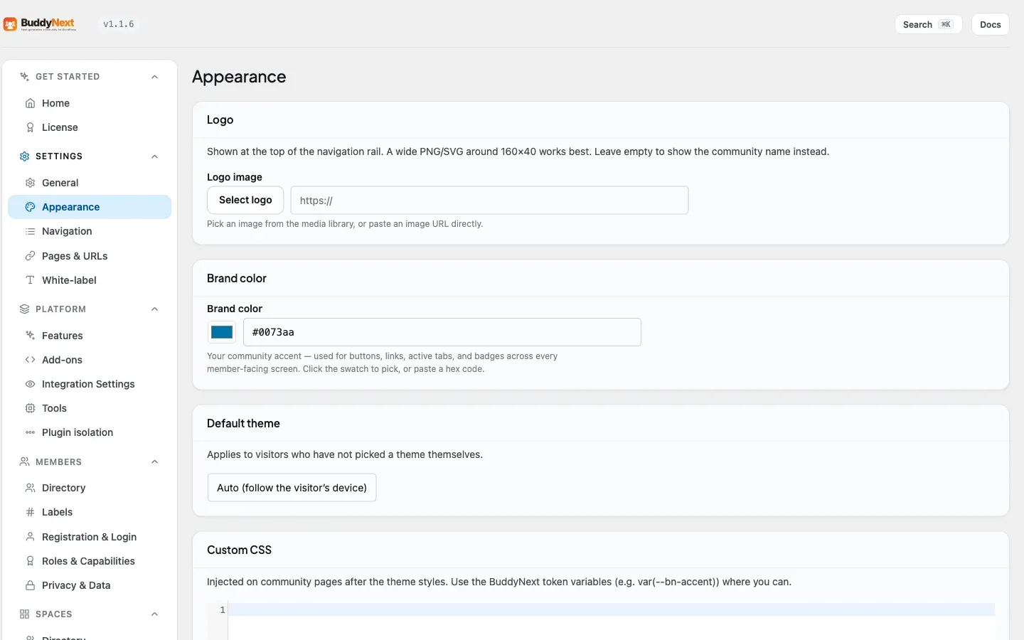 The BuddyNext admin Appearance tab with logo, default theme and custom CSS options