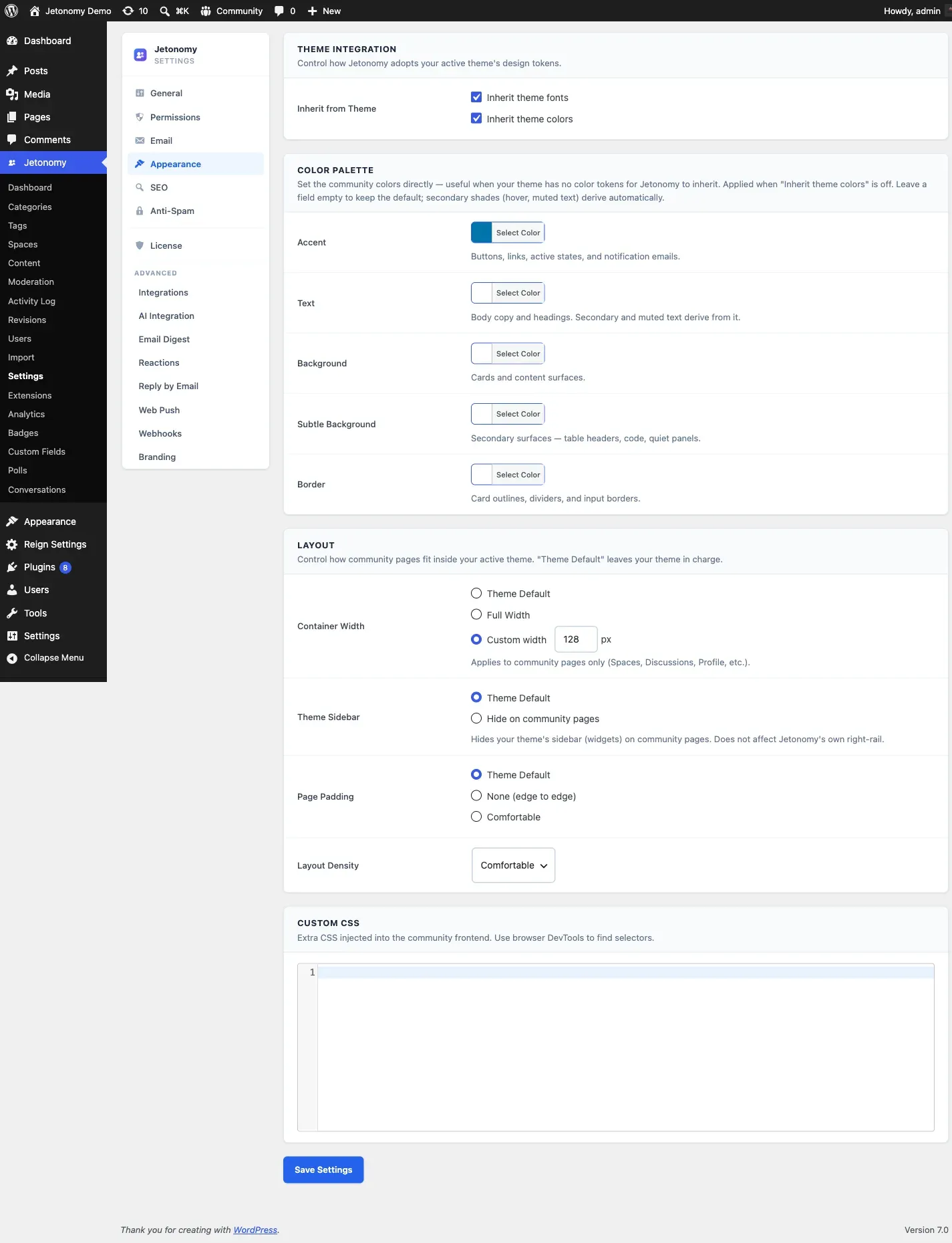 Appearance settings with accent color picker, font options, and layout density controls