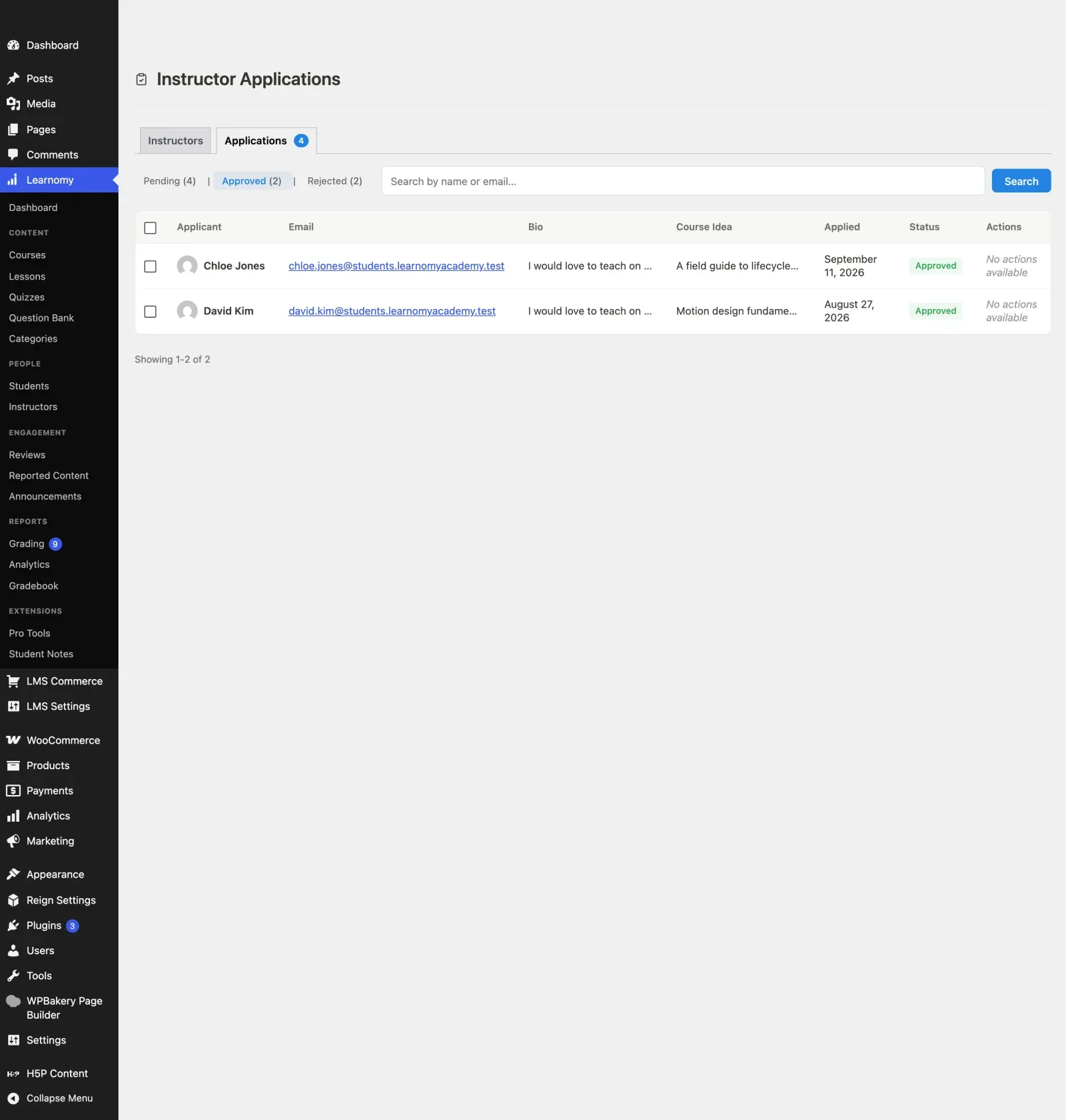 Approved applications view