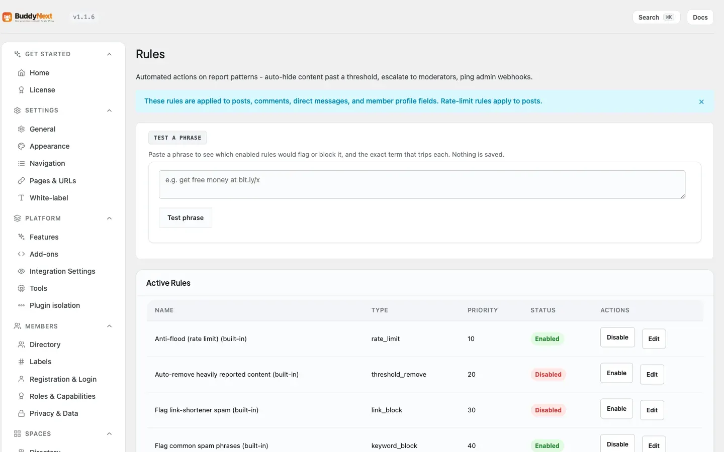 The Moderation > Rules admin tab where you define auto-moderation rules and thresholds