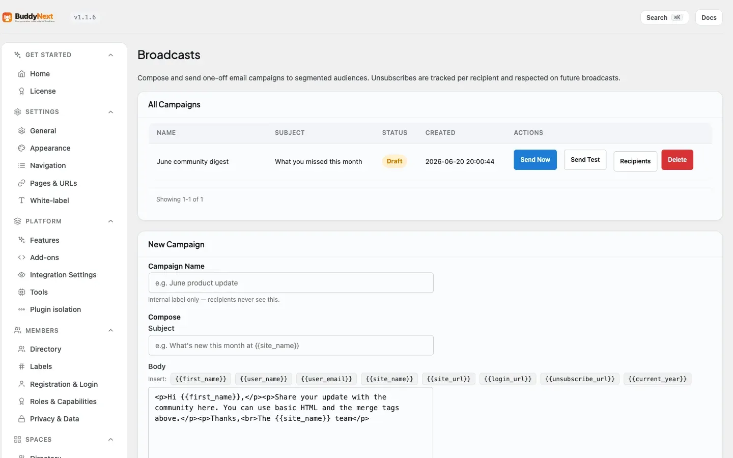 The Campaigns Broadcasts admin tab where you compose a broadcast email campaign and segment