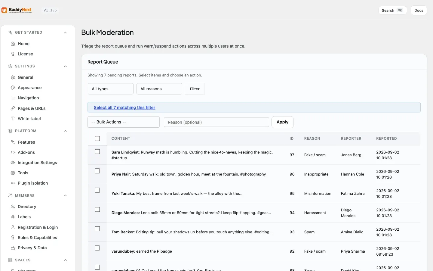 The Bulk Moderation tab with multi-select report actions