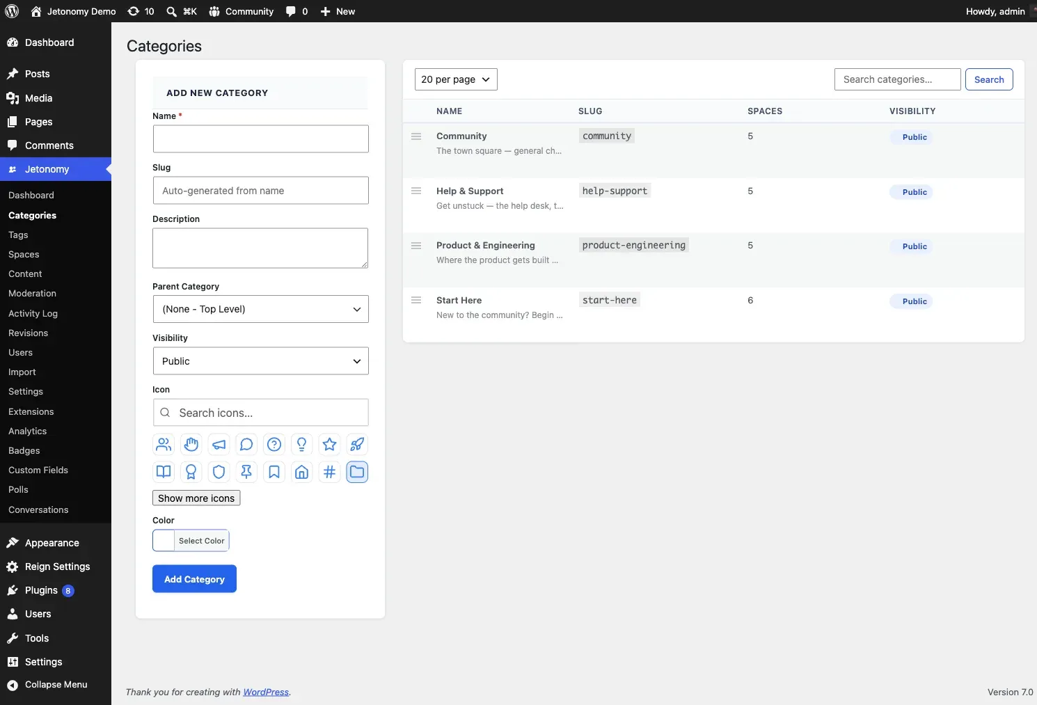Jetonomy Categories admin screen with the Add New Category form on the left and the category table on the right