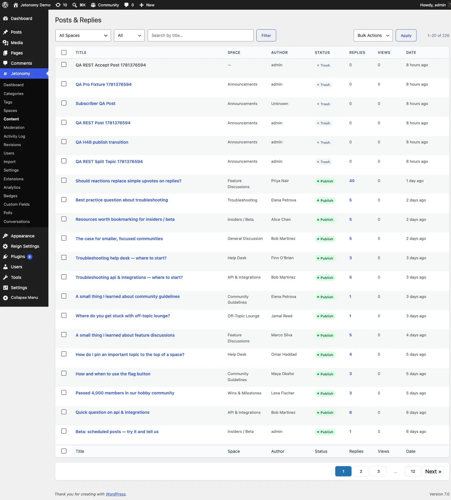 Posts and Replies admin screen showing the content list with the status filter and an inline edit panel open