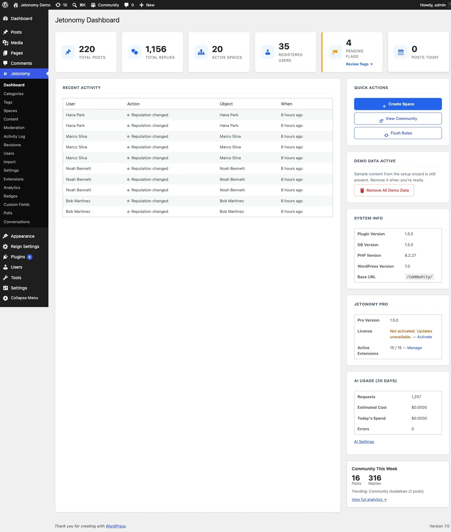 The Jetonomy admin dashboard: six stat cards across the top, the Recent Activity feed on the left, and the Quick Actions, Demo Data, and System Info panels in the right sidebar