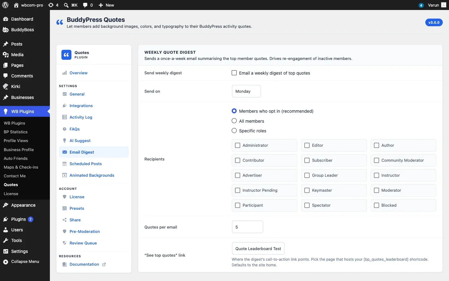 The Digest settings tab showing the enable toggle, send-day selector, recipient mode, and quotes-per-email field.