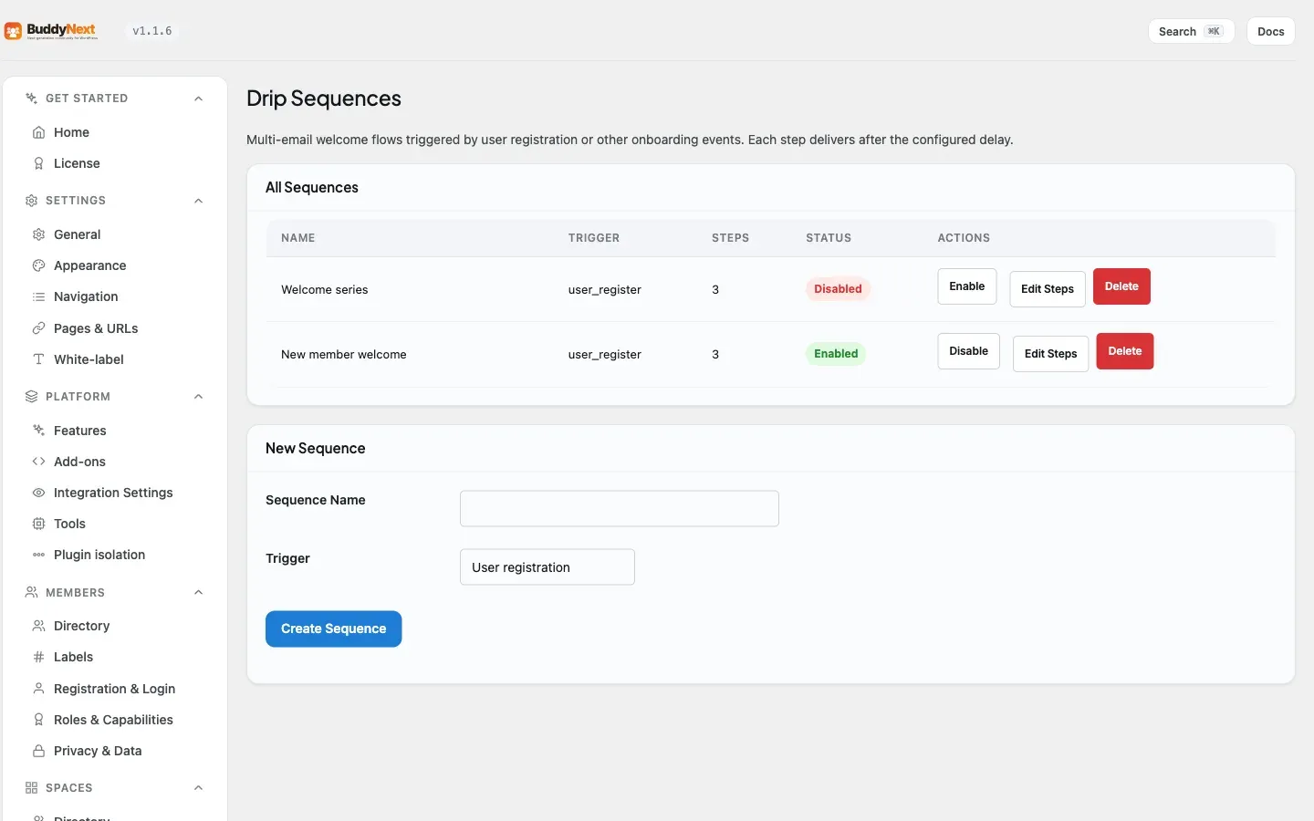The Campaigns Drip admin tab where you build an automated drip email sequence