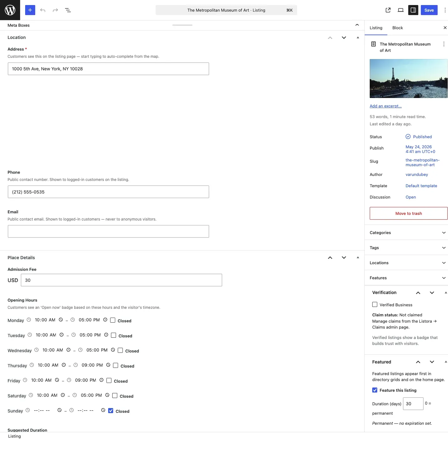 Edit Listing screen showing all field-group meta boxes (Location, Place Details, Media, Services, Verification, Featured, Badges)