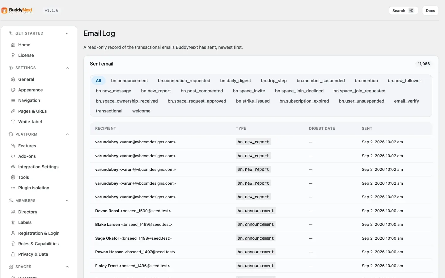 The Email Log listing every message the community has sent