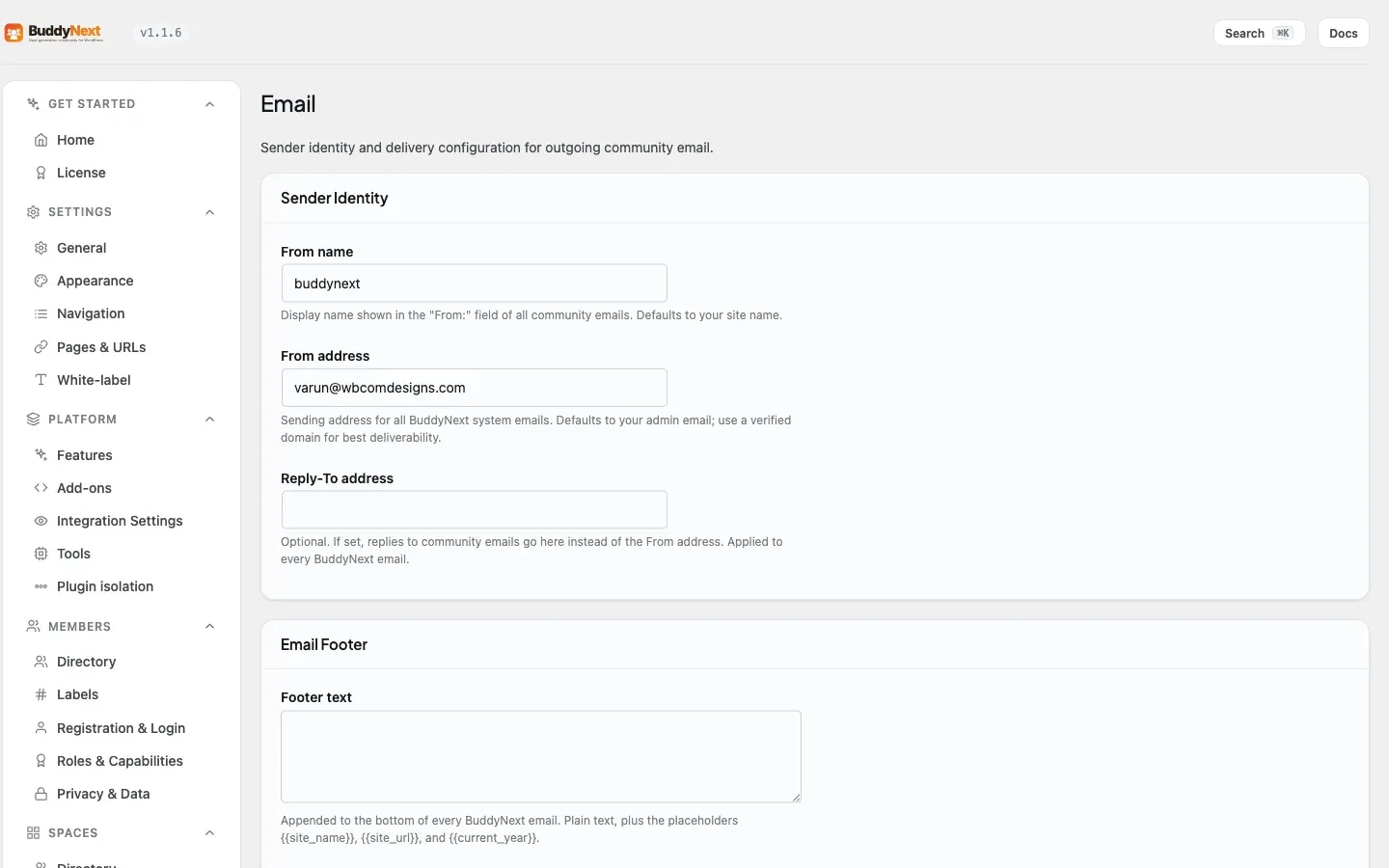 BuddyNext admin Notifications Email tab for configuring site-wide daily and weekly email digests