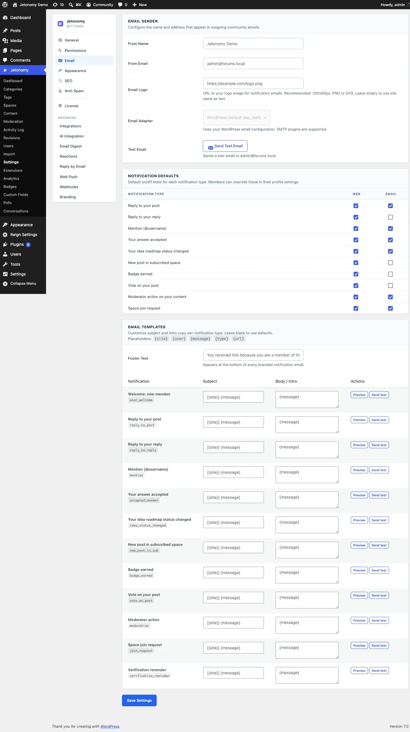 Admin email settings with notification toggles and sender configuration