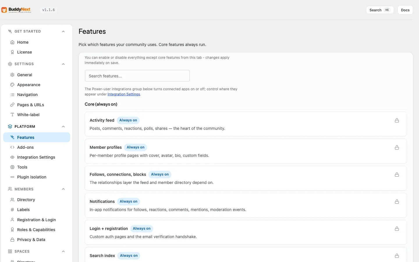 Platform - Features admin tab where the comments feature is enabled