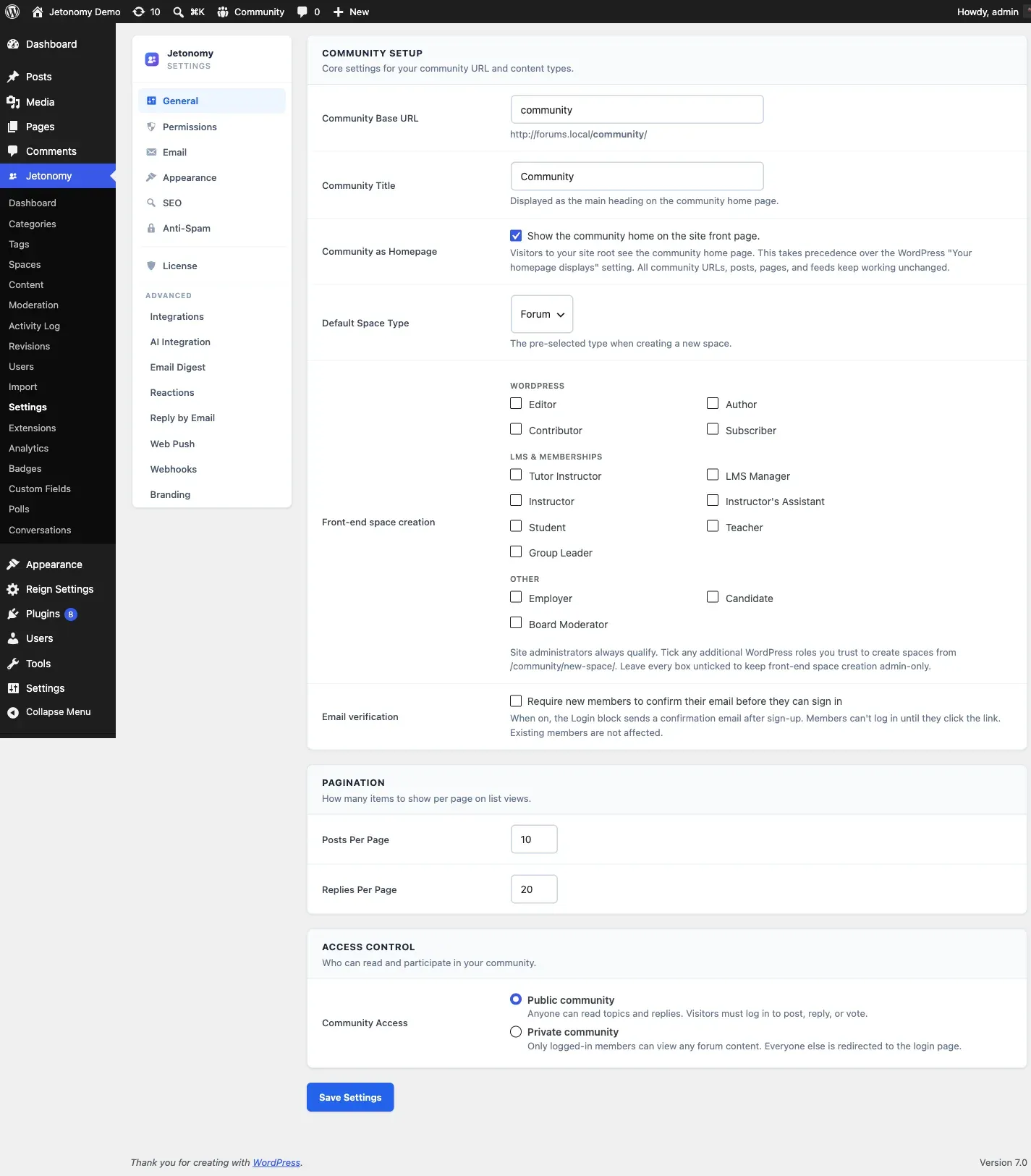 Jetonomy admin settings panel for configuring integrations