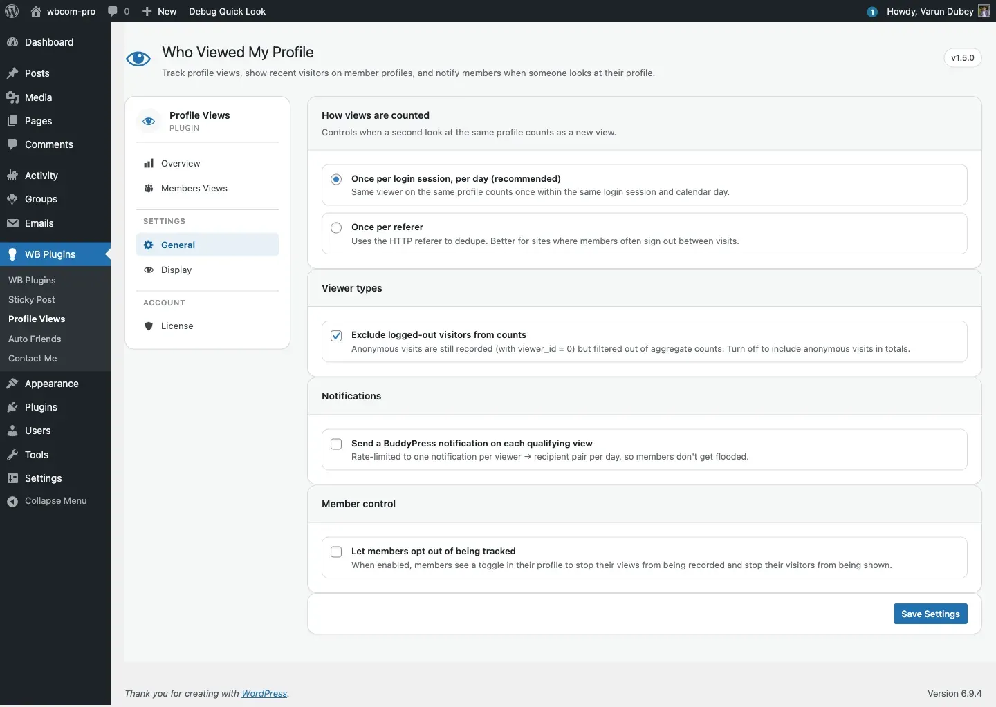 General tab — Notifications panel