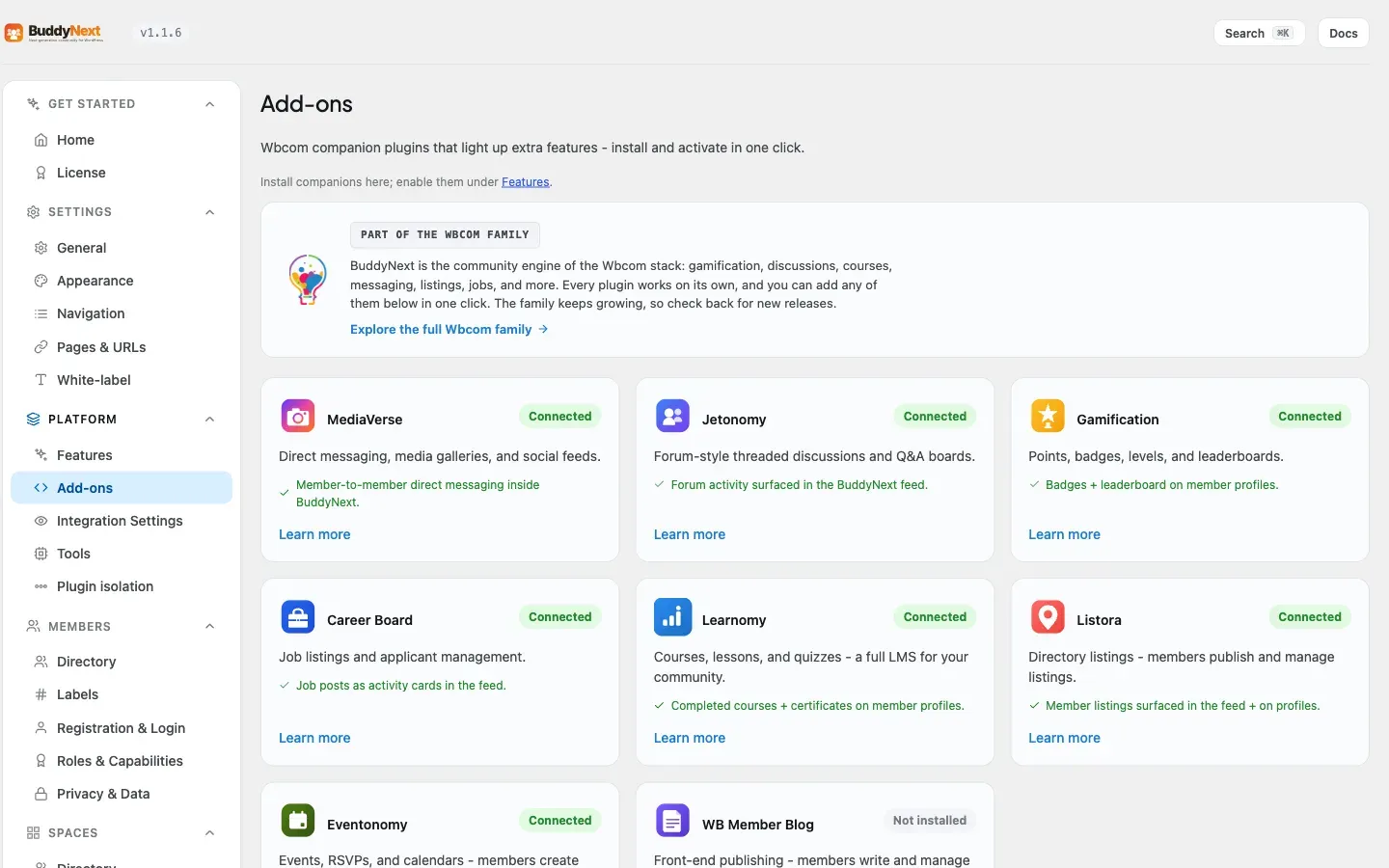 BuddyNext admin Platform Add-ons tab showing the Jetonomy companion