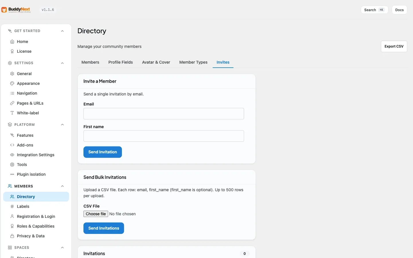 The Invites manager where owners send and track invitations