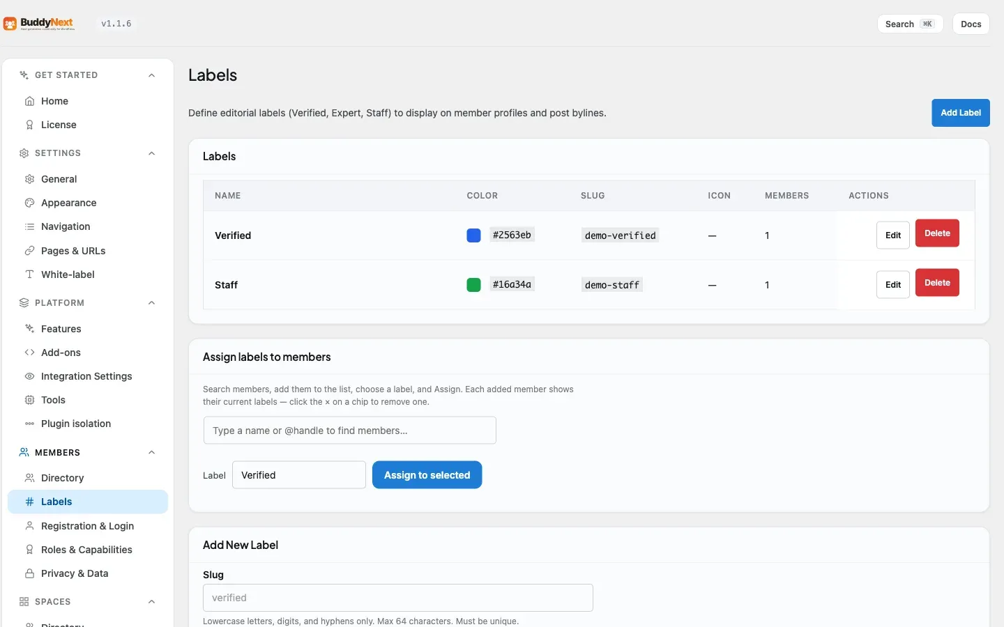 The Members Labels admin tab where you create and assign member labels