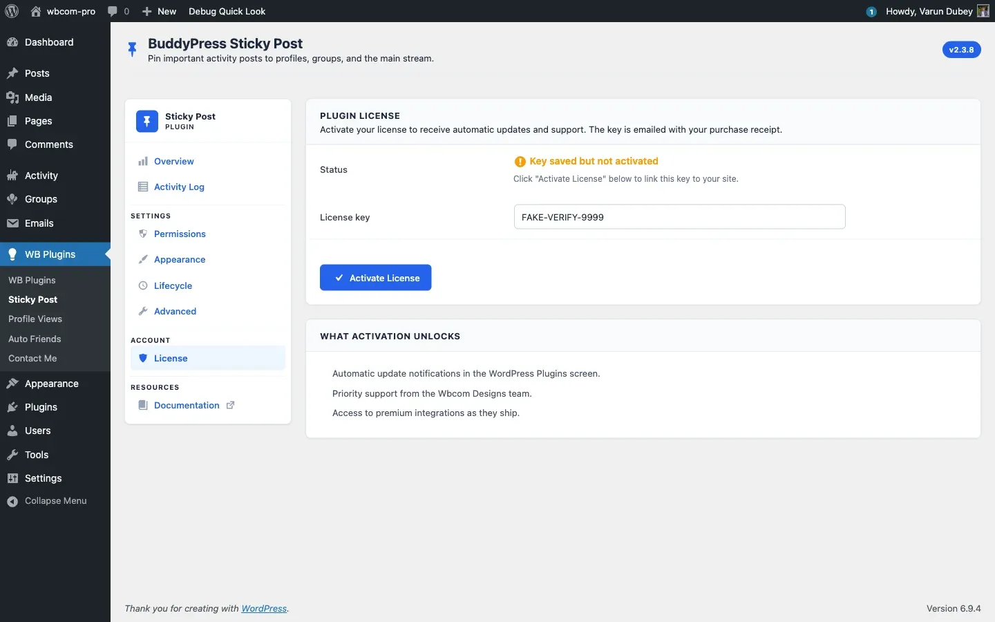 License tab inside Sticky Post