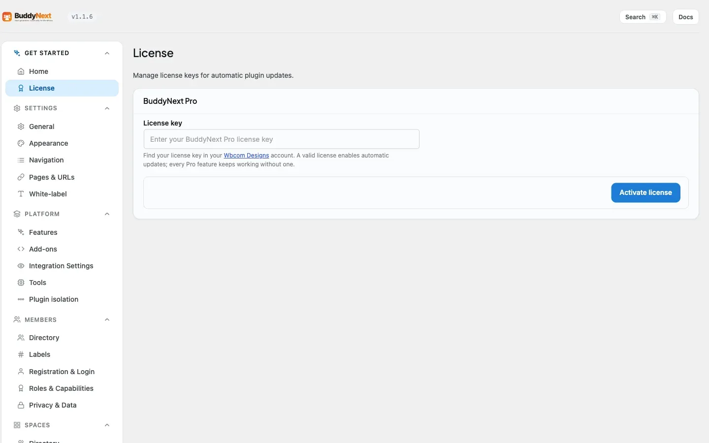 The License screen, now one click from the admin menu