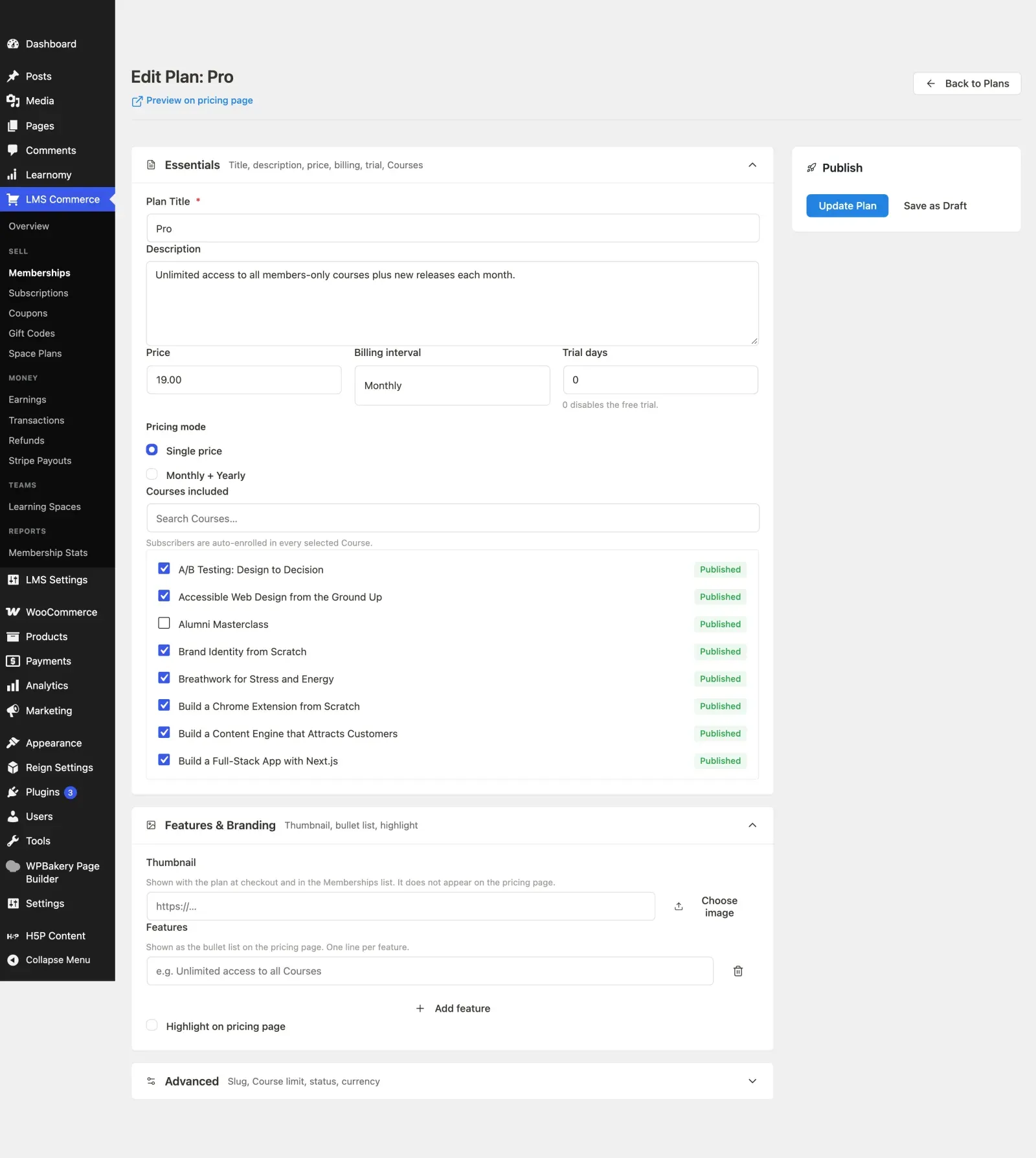 Plan edit screen