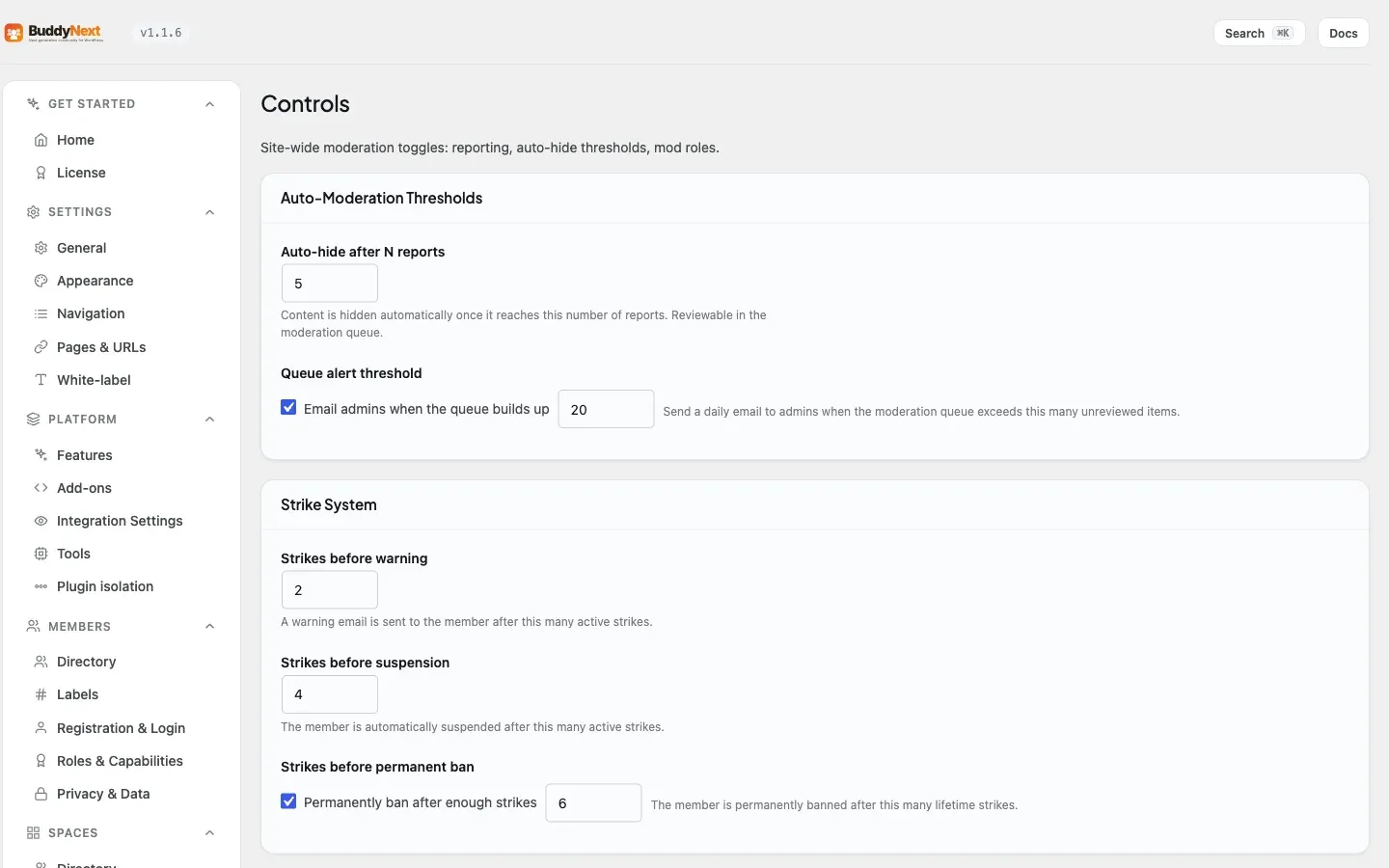 BuddyNext admin Moderation Controls tab for configuring automatic content safeguard rules