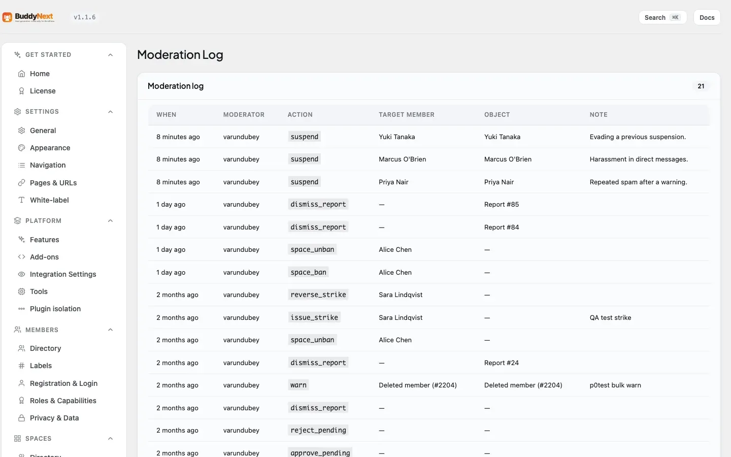 The Moderation Log recording every moderation action with actor, target, and time