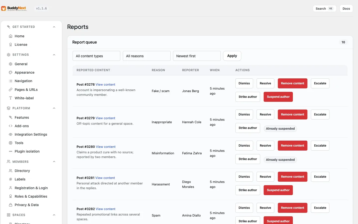 The Moderation → Reports admin tab where submitted reports land for review