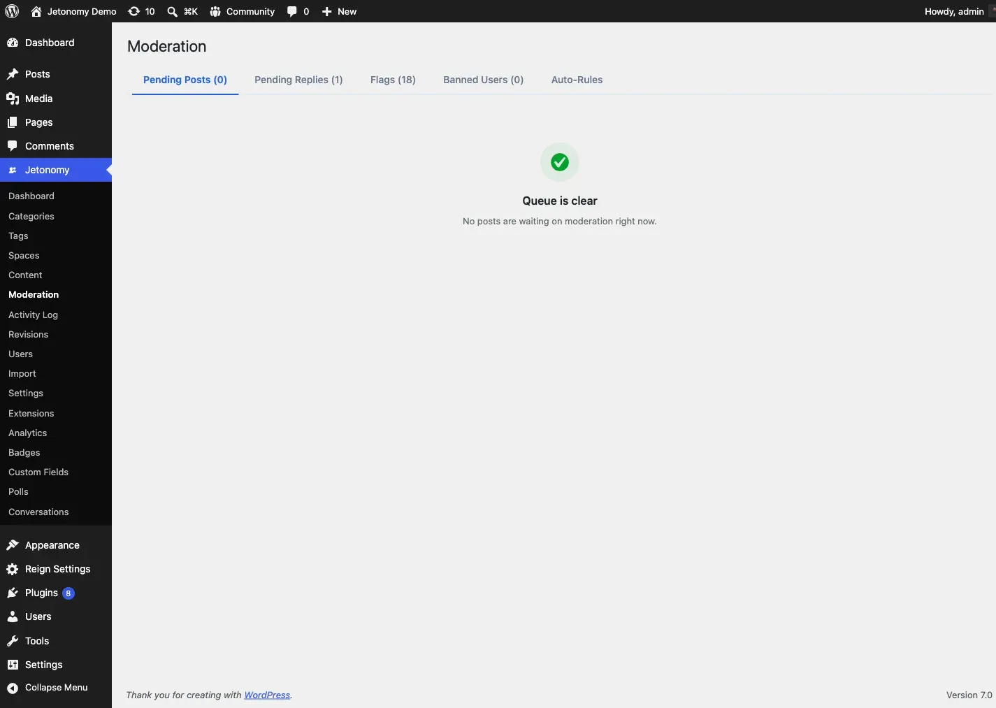 Admin moderation panel with content review and bulk action controls