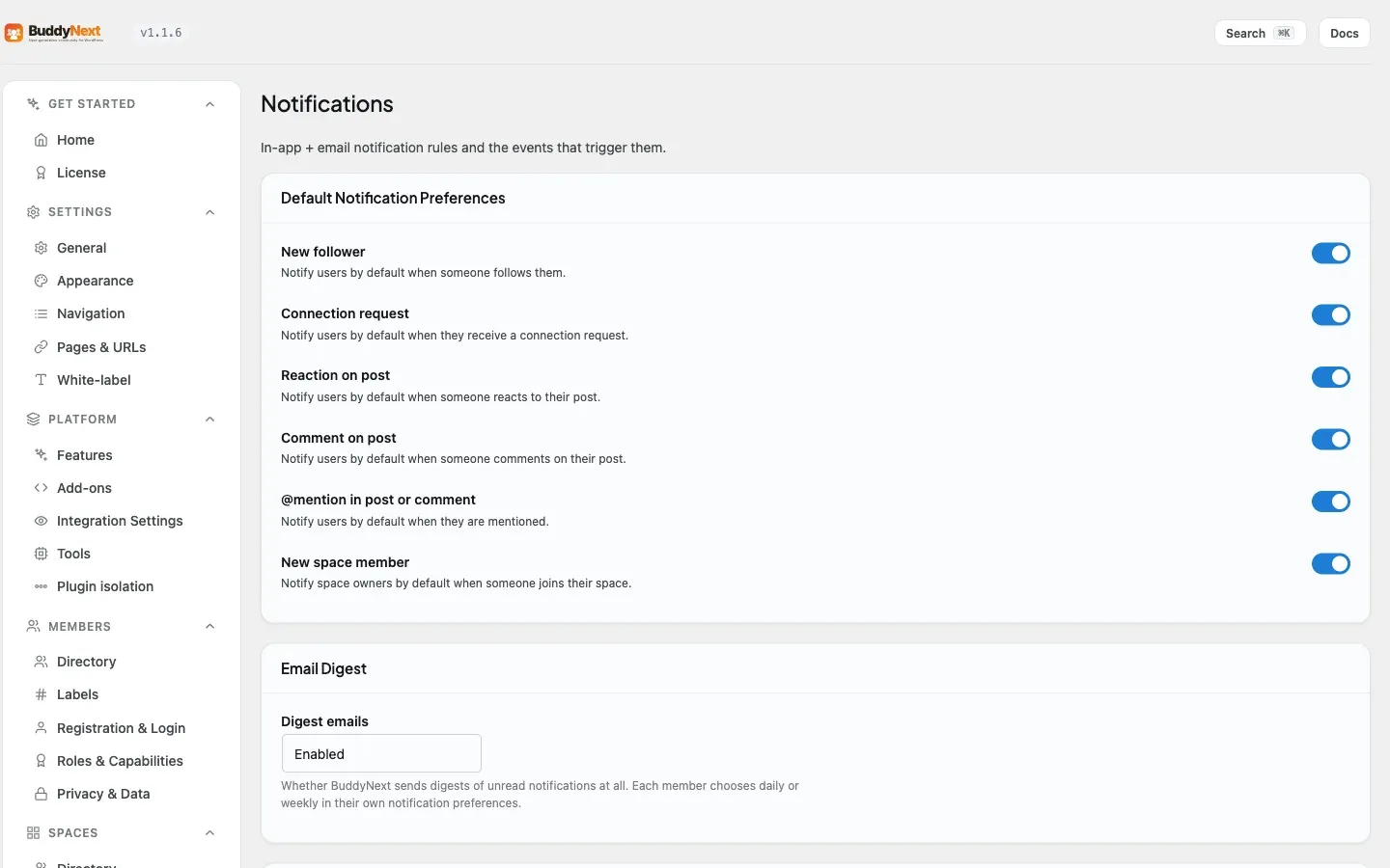 BuddyNext admin Notifications tab where owners set notification defaults